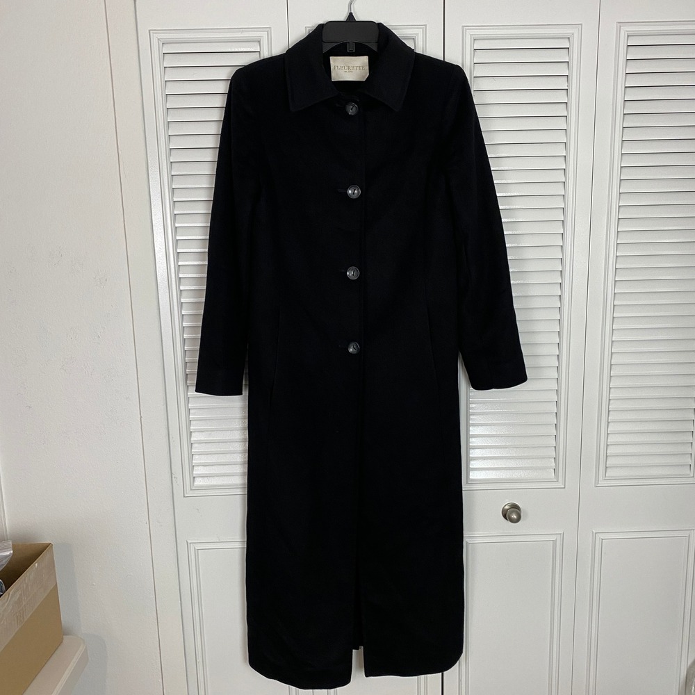 VTG Fleurette Piacenza Wool Angora Cashmere Coat Womens 8 Black Long Trench Coat